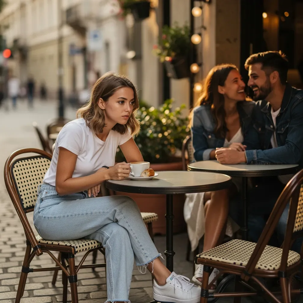 Junge Frau sitzt allein auf einer Café-Terrasse und wartet auf ein Date, während im Hintergrund ein Paar miteinander lacht.