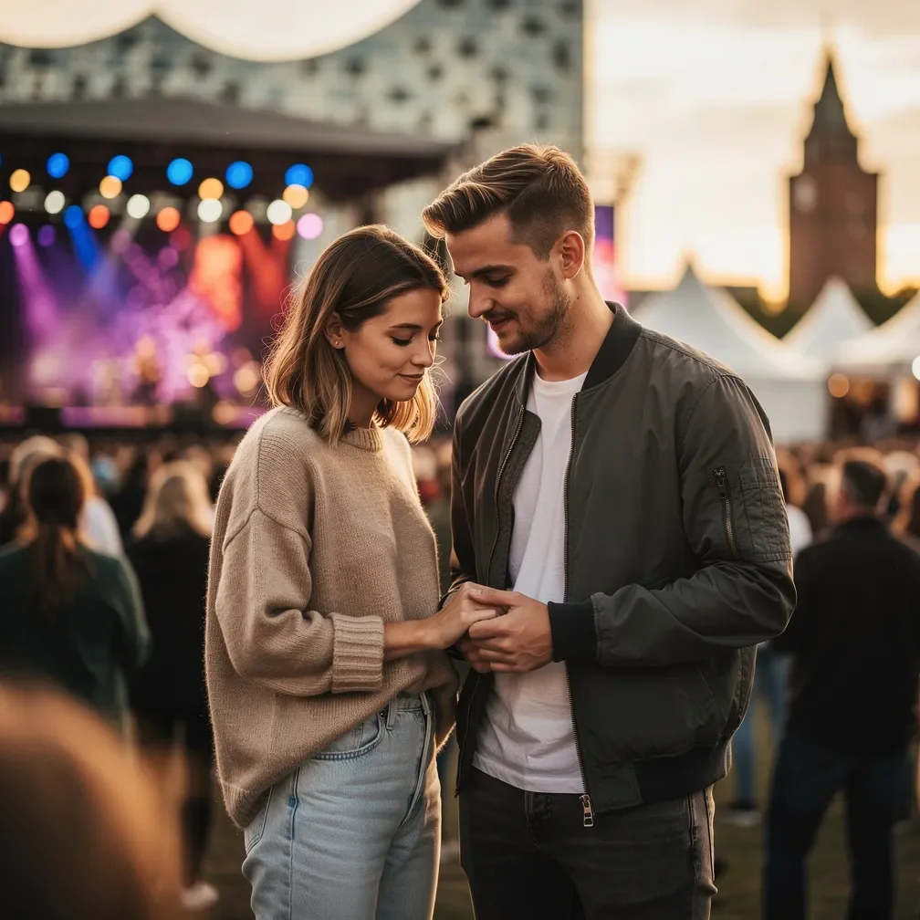 Junges Paar bei einem Open-Air-Konzert, das sich schüchtern ansieht und zärtlich an den Händen hält.