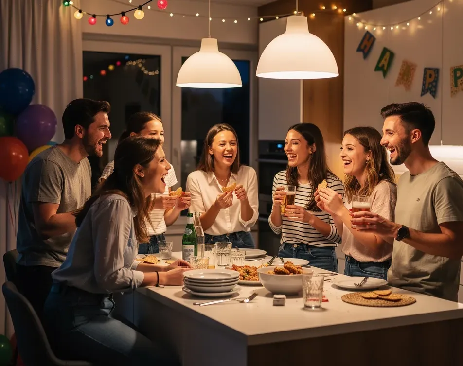 Fröhliche Gruppe junger Erwachsener verbringt gemeinsam einen entspannten Abend in einer Küche.