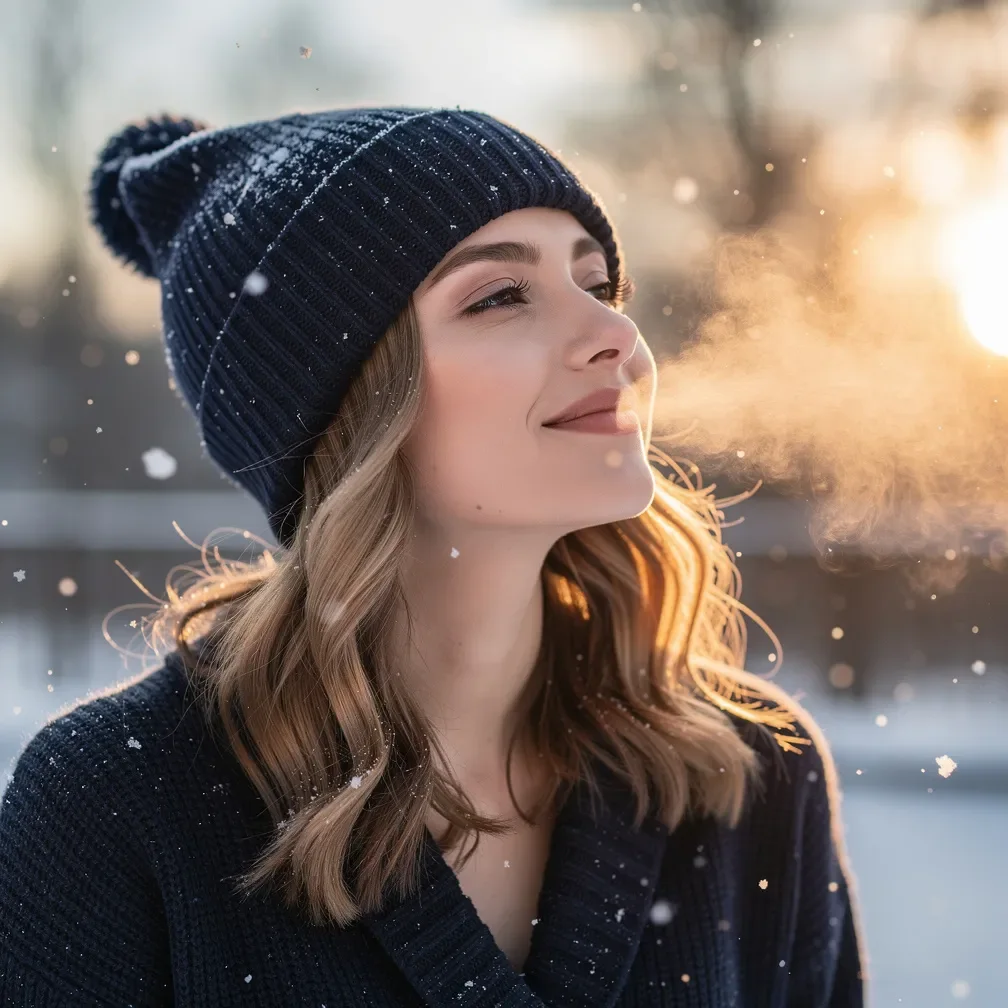 Junge Frau genießt an einem sonnigen Wintertag den leichten Schneefall und lächelt entspannt in die Luft.