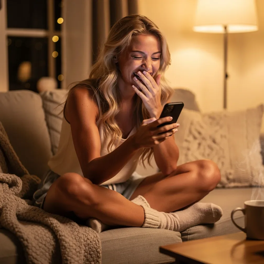 Junge blonde Frau liest zu Hause in gemütlicher Winteratmosphäre lachend eine Nachricht auf ihrem Smartphone.