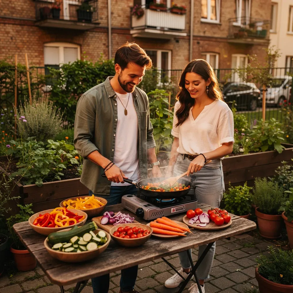 Junges Paar kocht gemeinsam frisches, buntes Gemüse in einem urbanen Garten.