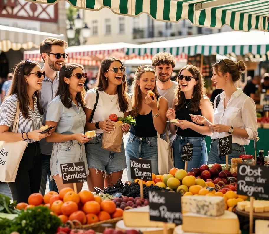Junge Frauen und Männer schlendern gut gelaunt über einen bunten Gemüse- und Käsemarkt.
