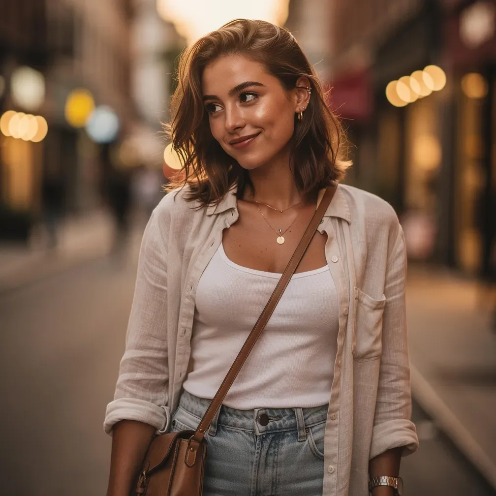 Junge Frau blickt nach einem Date mit einem geheimnisvollen Lächeln verträumt zur Seite.