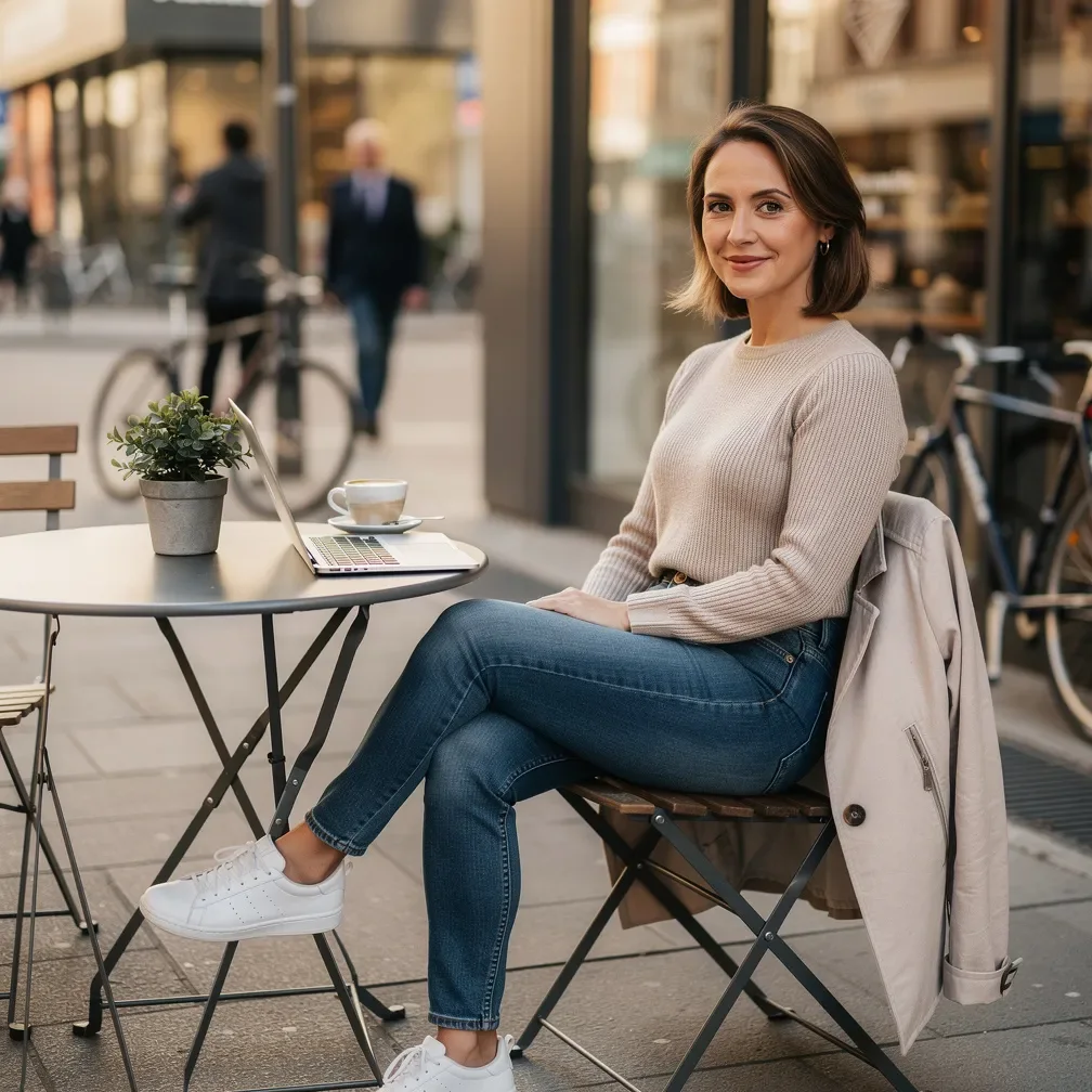 Attraktive junge Frau blickt bei einem Date entspannt und selbstbewusst in die Kamera.