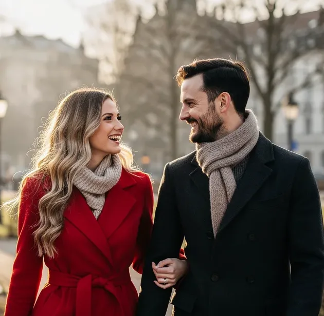 Junges Paar spaziert an einem hellen Wintertag entspannt durch die Stadt und unterhält sich vertraut miteinander.